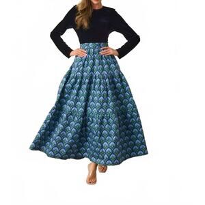 NEW PROSPERINA fontaine maxi dress in fan fete blue